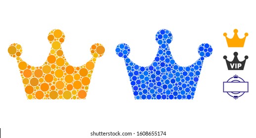 Gold crown composition of round dots in variable sizes and color hues, based on gold crown icon. Vector dots are combined into blue composition. Dotted gold crown icon in usual and blue versions.