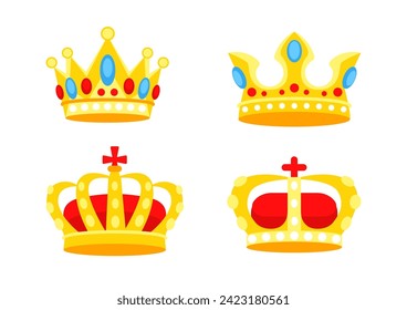 Gold crown. Crowning headdress for king and queen. Golden royal jewelry. Vector illustration