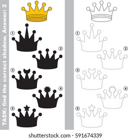 Gold Crown with different shadows to find the correct one, compare and connect object with it true shadow, the educational kid game with simple gaming level.