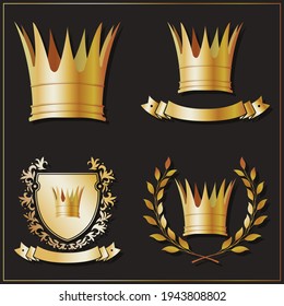 Goldkrone. Verschiedene Typen und Hintergründe mit goldenen Kronen. Wappen mit goldener Krone