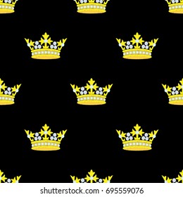 Gold crown embroidery seamless pattern. Needlework textile wallpaper isolated on black background.