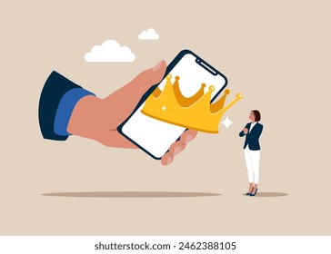 Gold crown fall from a smartphone. Content strategy for advertising and marketing,  customer engagement. brand communication social media. Flat vector illustration