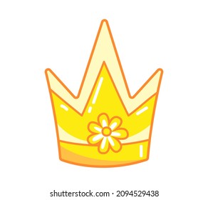 Gold crown with flower and pattern. Princess tiara. Vector illustration of an accessory in a cartoon children's style. Isolated cute clipart on a white background. Colored art with an outline