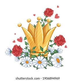 Gold crown with flowers. Vector festive composition with red roses and white daisies and hearts.