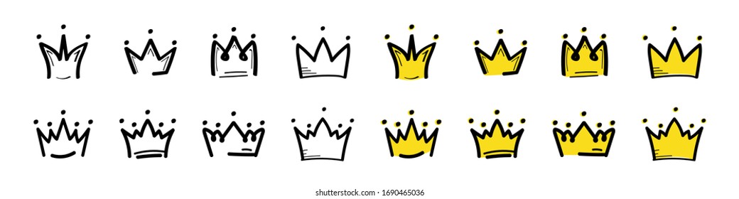 Gold crown icon. Big collection quality crowns. Linear crown. Royal Crown icons collection set.  Vector illustration