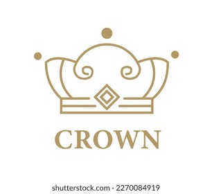 Gold crown icon. Elegant logotype for premium hotel. Sticker for social networks and messengers. Monarchy and aristocracy, medieval kingdom. Cartoon flat vector illustration