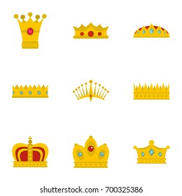 Gold crown icon set. Flat set of 9 gold crown vector icons for web isolated on white background