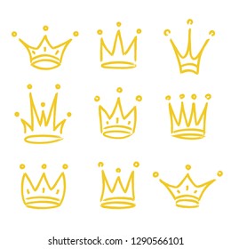 Gold crown icon set hand drawn style isolated on white background for queen logo, princess diadem symbol, doodle illustration, pop art element, beauty and fashion shopping concept. vector 10 eps