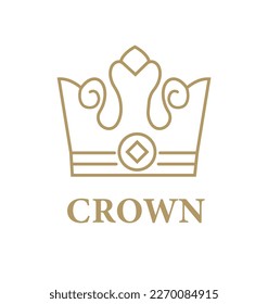 Gold crown icon. Stylish logotype for hotel, symbol of premium product. Power, wealth and might, royal family sign. Monarchy and aristocracy. Cartoon flat vector illustration