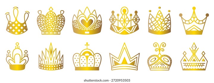 Gold crown icon vector set, shiny gradient golden elegant award signs. Monochrome royal authority cliparts, glossy luxury aristocracy pictograms