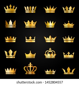 Gold crown icons. Queen king golden crowns luxury royal on blackboard, crowning tiara heraldic winner award jewel vector set for quality label