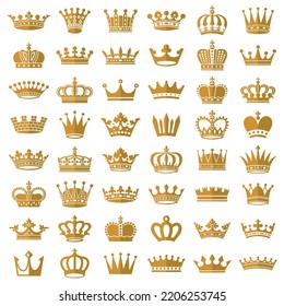 Gold crown icons. Queen king golden crowns luxury royal on blackboard.