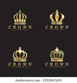 Gold crown icons. Queen king golden crowns luxury Logo Design Vector on black background