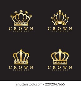 Gold crown icons. Queen king golden crowns luxury Logo Design Vector on black background