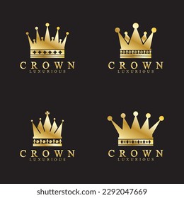 Gold crown icons. Queen king golden crowns luxury Logo Design Vector on black background