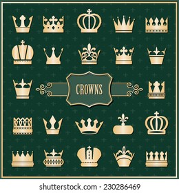 Gold crown icons set on damask. Luxury design elements.