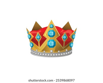 Gold Crown with Jewels and Red Velvet Isolated on White Background. Golden Crown for King. Gold Crown with Jewels and Red Velvet Isolated, Golden King’s Crown, Royal with Elegant Jewels