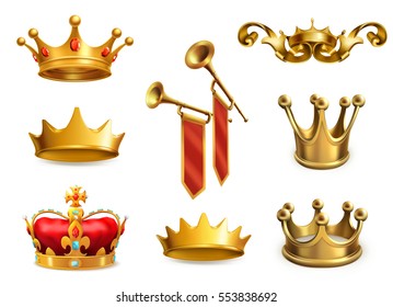Gold crown of the king, 3d vector icon set