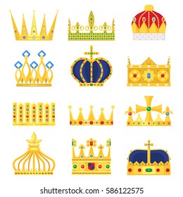 Gold crown of the king icon set nobility majestic collection insignia and imperial prince vintage jewelry kingdom queen royal classic sign vector illustration.