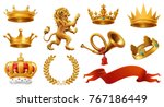 Gold crown of the king. Laurel wreath, trumpet, lion, ribbon. 3d vector icon set