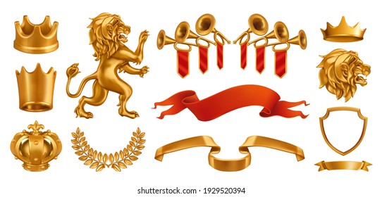 Gold Crown Of The King. Laurel Wreath, Fanfare, Lion Ribbon. 3d Vector Realistic Set