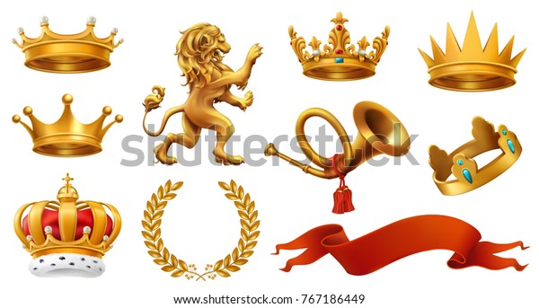 Gold crown of the king. Laurel wreath, trumpet,\
lion, ribbon. 3d vector icon\
set