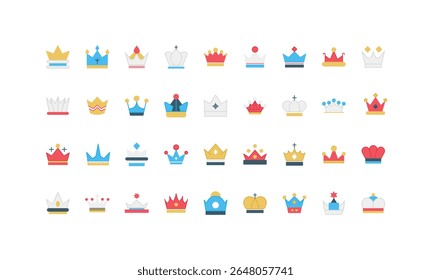 Coroa de ouro de rei e rainha, imperador e cavaleiro, nobre e líder conjunto de ícones de cor. Chapéu antigo tradicional para coroação, vitória e emblema membro VIP, prêmio de objetivo ilustração vetor plana