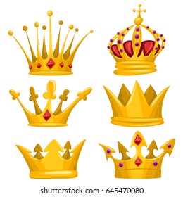 Gold crown for king, queen, princess and prince vector cartoon set. Royal attributes icons collection isolated on white background.