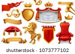 Gold crown of the king. Royal chair, mantle, pillow. 3d vector icon set