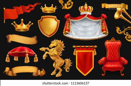 Gold crown of the king. Royal chair, mantle, pillow. 3d vector icon set on black