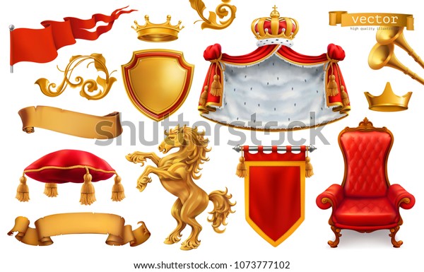 Gold crown of the king. Royal chair, mantle, pillow.\
3d vector icon set