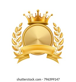 Gold crown laurel wreath winner frame. Vector first place, champion sign with golden ribbon with circle. Royal luxury vip vintage ornament, avatar icon. Realistic detailed illustration isolated