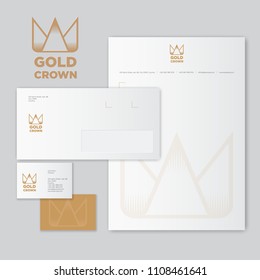 Gold Crown logo and identity. Envelope, letter with watermarks and business card. Icon of the golden crown in the style of engraving. Flat linear icon. 