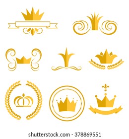 Gold crown logos and badges clip art vector set. King or queen crowns flat style icons.
