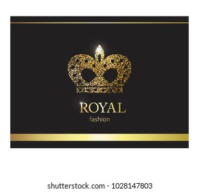 Gold crown. Luxury label, emblem or packing. Logo design. Fashion banner with glitter and shine.