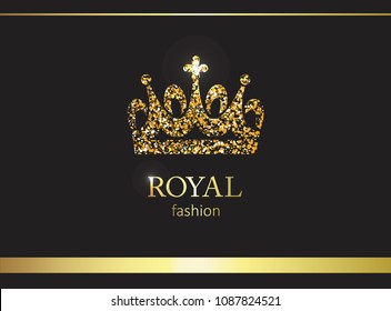 Gold crown. Luxury label, emblem or packing. Logo design. Fashion banner with glitter and shine.