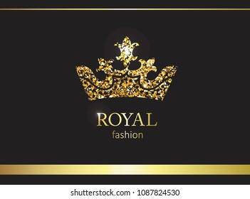 Gold crown. Luxury label, emblem or packing. Logo design. Fashion banner with glitter and shine.