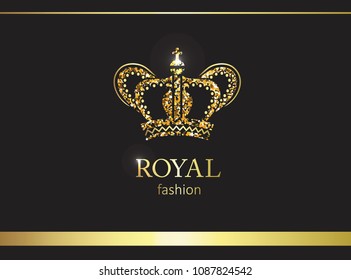 Gold crown. Luxury label, emblem or packing. Logo design. Fashion banner with glitter and shine.