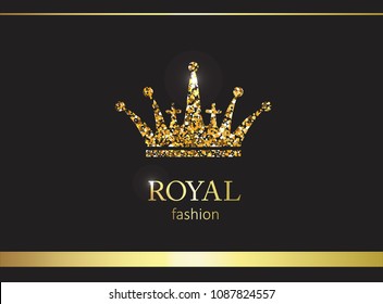 Gold crown. Luxury label, emblem or packing. Logo design. Fashion banner with glitter and shine.