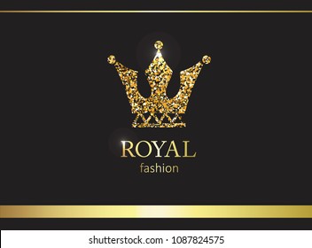 Gold crown. Luxury label, emblem or packing. Logo design. Fashion banner with glitter and shine.