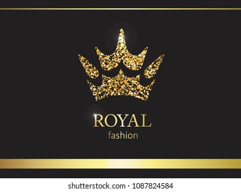 Gold crown. Luxury label, emblem or packing. Logo design. Fashion banner with glitter and shine.