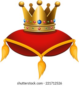 Gold crown on a crimson cushion. Vector illustration on a white background. 