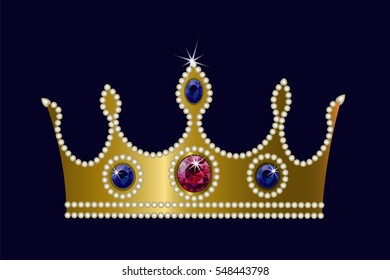 Gold crown on dark background ruby sapphire pearls. Photo booth props party decorations. Vector illustration. King queen costume element gold. Valentine day precious romantic love gift isolated