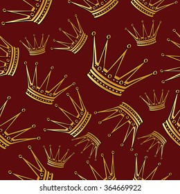Gold crown on a red background. Vector seamless background.