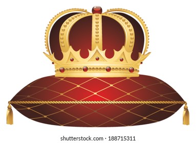 Gold Crown On Red Velvet Cushion.