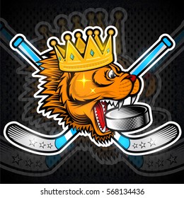 Gold crown on side view predator head with crossed hockey sticks and hockey puck in his mouth. Logo for any sport team cougar