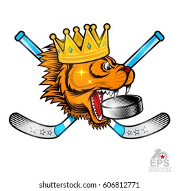 Gold crown on side view predator head with crossed hockey sticks and hockey puck in his mouth. Logo for any sport team cougar isolated on white