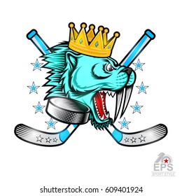 Gold crown on side view saber-toothed tiger head with crossed hockey sticks and hockey puck in his mouth. Logo for any sport team cougar isolated on white