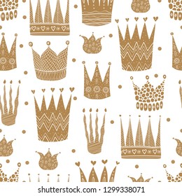 Gold crown and polka dot. Cute seamless pattern.