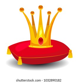 Gold crown with precious stones, on red pillow, cartoon style, vector illustration